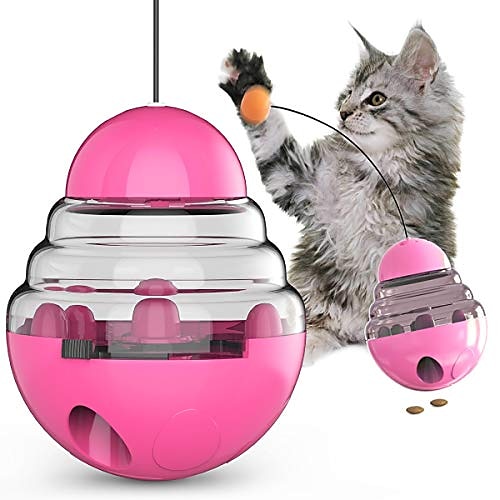 

interactive funny cat toys, 3 in 1 treat feeder ball with automatic spinning tumbler, cat feather wand and food dispenser for kitten cat funny exercise chaser training (pink)