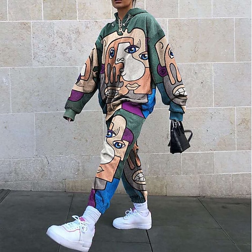 

Women's Sweatshirt Tracksuit Pants Sets Active Streetwear Green Orange Casual Geometric Patchwork Print Hooded S M L XL XXL / Loose Fit