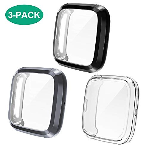 

screen protector case cover compatible with fitbit versa 2, all-around screen protective screen case bumper cover saver soft tpu case compatible with versa 2 smartwatch(3-pcak) (clearblacksliver)