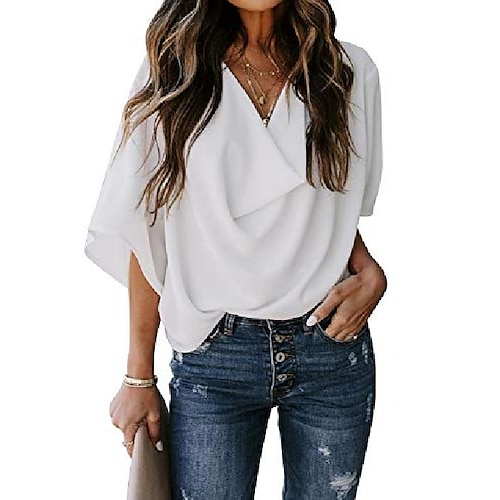 

Women's Plain Casual Blouse Long Sleeve V Neck Basic Essential Tops Light Purple Almond White S