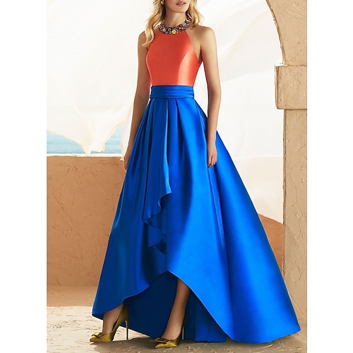 

A-Line Color Block Beautiful Back Sexy Wedding Guest Prom Dress Halter Neck Sleeveless Asymmetrical Satin with Beading Appliques 2022 / Open Back