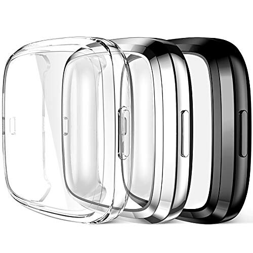 

screen protector case compatible with fitbit versa 2 smartwatch, 3 pack full protective case cover scratch resistant shock absorbing for fitbit versa 2 accessories, clear/black/silver