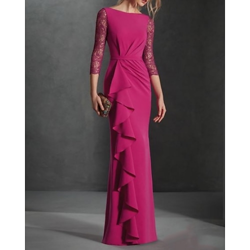 

Sheath / Column Evening Dresses Elegant Dress Wedding Guest Floor Length 3/4 Length Sleeve Boat Neck Lace with Ruffles Draping 2022 / Formal Evening