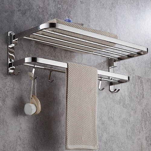 

Multifunction Towel Rail Rack Holder Foldable Modern Stainless Steel Bathroom Shelf with Hooks Wall Mounted Silvery 1pc