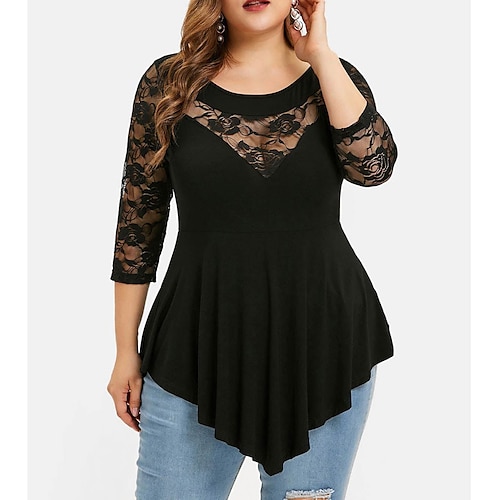 

Women's Plus Size Tops Blouse Solid Color Lace Patchwork 3/4 Length Sleeve Round Neck Basic Elegant Sexy Daily Going out Polyester Spring Fall Black Purple