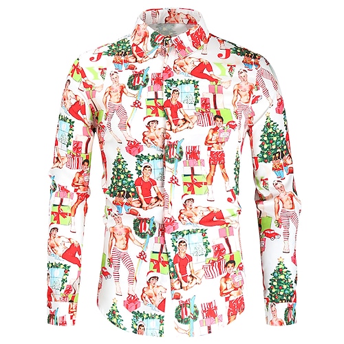 

Men's Christmas Shirt Other Prints Graphic Long Sleeve Tops Button Down Collar Red