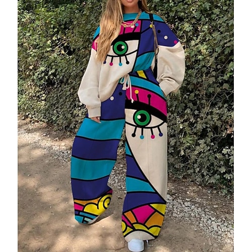 

Women's Sweatshirt Tracksuit Pants Sets Boho Streetwear As Picture Pink Daily Vacation Color Block Abstract Drawstring Print Round Neck S M L XL XXL / Loose Fit