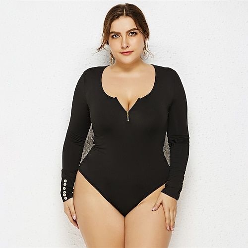 

Plus Size Dance Activewear Leotard / Onesie Full Length Visible Zipper Solid Women's Performance Daily Wear Long Sleeve High Cotton Blend