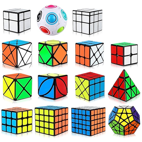 

Speed Cube Set, 15 Pack Cube Bundle 2x2 4x4 5x5 Megaminx Pyramid Skew Ivy Windmill Fisher Axis Dino Mirror Cube Magic Rainbow Ball Sticker Cube Puzzle Collection for Festive