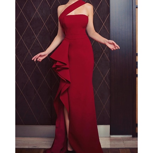 

Sheath / Column Minimalist Sexy Wedding Guest Formal Evening Dress One Shoulder Sleeveless Asymmetrical Satin with Ruffles Slit 2022