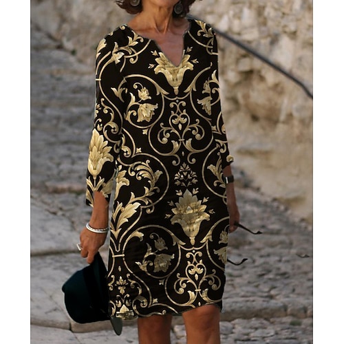 

Women's Sheath Dress Midi Dress Black 3/4 Length Sleeve Floral Print Fall Spring V Neck XL XXL 3XL
