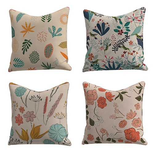 

Set of 4 Pillow Cover Pillowcase Sofa Cushion Square Faux Linen Throw Pillow Colorful Leaves Flowers Pillows Case 4545cm