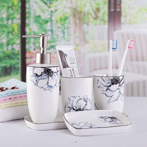 

Bathroom Accessories Set 5 Piece Ceramic Complete Bathroom Set for Bath Decor Includes Soap Dispenser Soap Dish Tray 2 Mouthwash Cup Holiday Bathroom Decoration Gift Idea