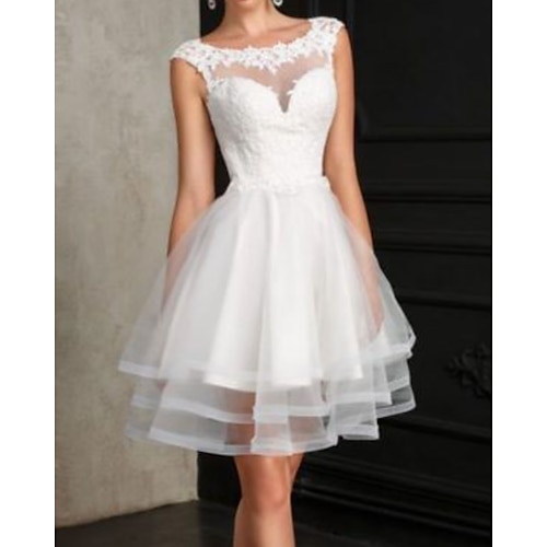 

A-Line Wedding Dresses Jewel Neck Short / Mini Lace Sleeveless Vintage Little White Dress with 2022