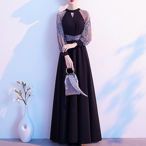 

A-Line Color Block Elegant Wedding Guest Formal Evening Dress Halter Neck Long Sleeve Floor Length Spandex with Sash / Ribbon 2022