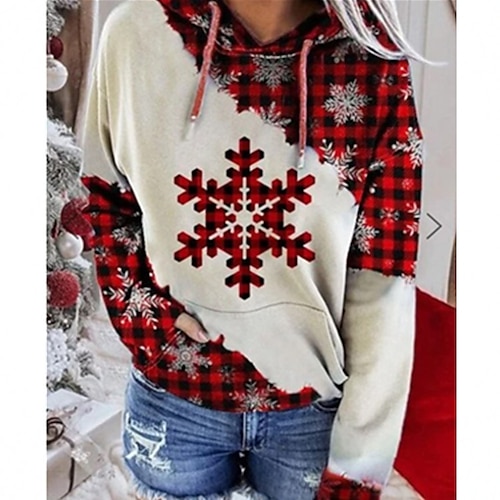 

Women's Pullover Hoodie Sweatshirt Red White Hooded Graphic Tartan Snowflake Christmas Gifts Christmas Casual Clothing Apparel Hoodies Sweatshirts Loose Fit