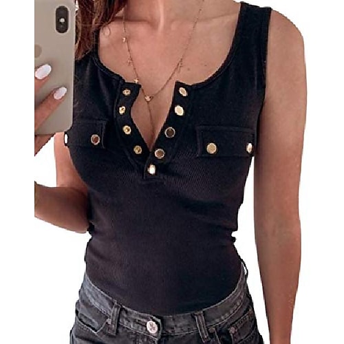 

womens casual scoop neck tank top ribbed button pockets t shirt sleeveless tee for women black