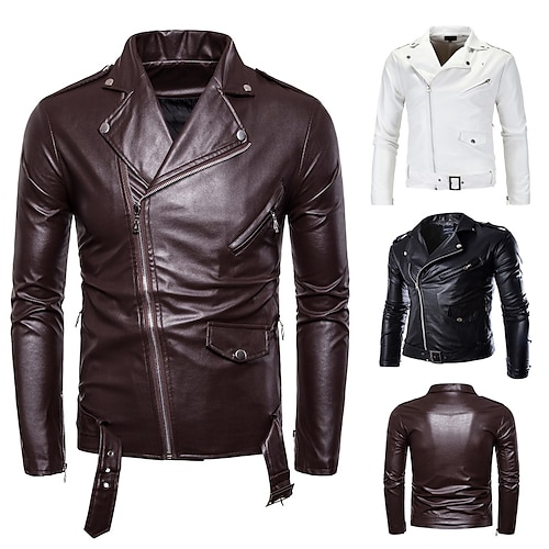 

Men's Faux Leather Jacket Biker Jacket Motorcycle Jacket Thermal Warm Rain Waterproof Party Work Daily Notch lapel collar Streetwear Punk & Gothic Jacket Outerwear Color Block Solid Colored Black