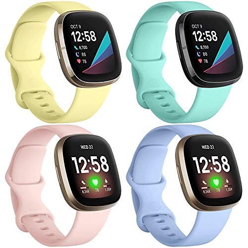 

4 Pack Silicone Bands Compatible with Fitbit Versa 3 Bands and Fitbit Sense Bands, Classic Soft Sport Bands Replacement Wristbands for Fitbit Sense/Versa 3 Smart Watch Women Men