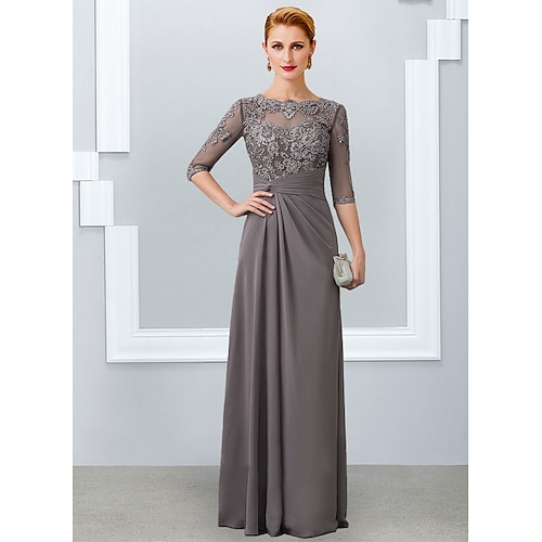 

Sheath / Column Mother of the Bride Dress Elegant Jewel Neck Floor Length Chiffon Lace 3/4 Length Sleeve with Appliques 2022