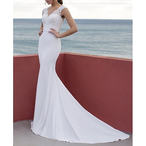 

Sheath / Column Wedding Dresses V Neck Court Train Lace Satin Sleeveless Beach with 2022