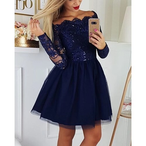 

A-Line Cocktail Dresses Elegant Dress Engagement Short / Mini Long Sleeve Off Shoulder Tulle with Lace Insert 2022 / Cocktail Party
