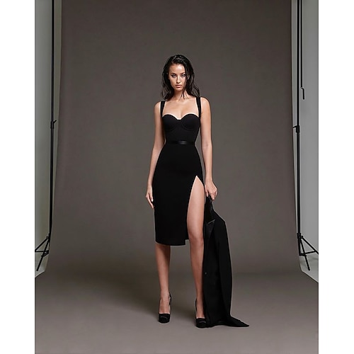

Sheath / Column Cocktail Dresses Little Black Dress Dress Party Wear Knee Length Sleeveless Spaghetti Strap Spandex with Slit 2022 / Cocktail Party