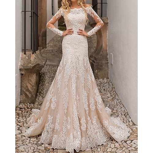 

A-Line Wedding Dresses Jewel Neck Sweep / Brush Train Lace Tulle Long Sleeve Country with Pleats 2022