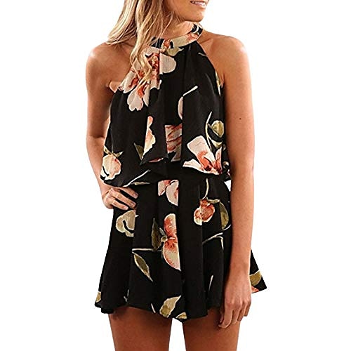 

Damen Kurz Jumpsuit Blumen Boho Casual Urlaub Strand Spaghettiträger Beige Weiß Schwarz S M L XL Frühling