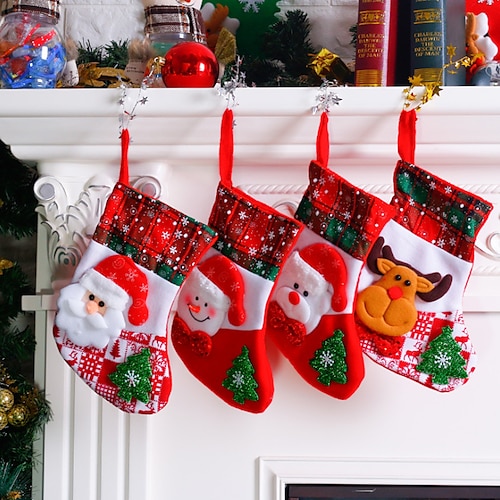 

Xmas Tree Socks Cartoon Bag Christmas Santa Claus Snowman Elk Bear Stockings Fireplace Holiday Decor 4pcs