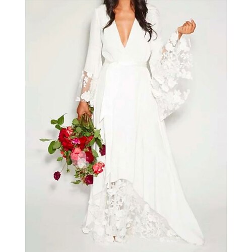 

A-Line Wedding Dresses V Neck Floor Length Chiffon Lace Long Sleeve Casual Illusion Detail with Lace Insert 2022