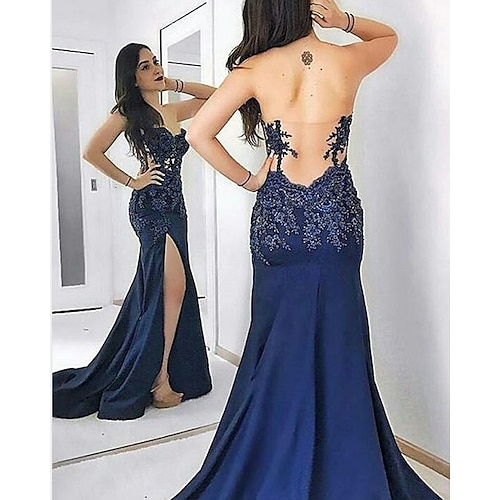 

Mermaid / Trumpet Evening Dresses Beautiful Back Dress Engagement Sweep / Brush Train Sleeveless Sweetheart Neckline Satin with Slit Lace Insert Appliques 2022 / Formal Evening