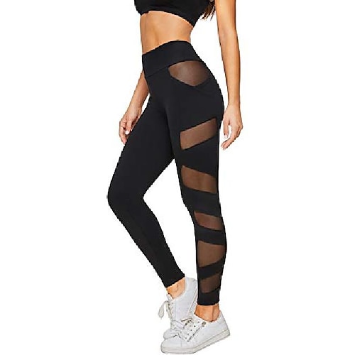 

women's stretchy skinny sheer mesh insert workout yoga leggings black-1 s