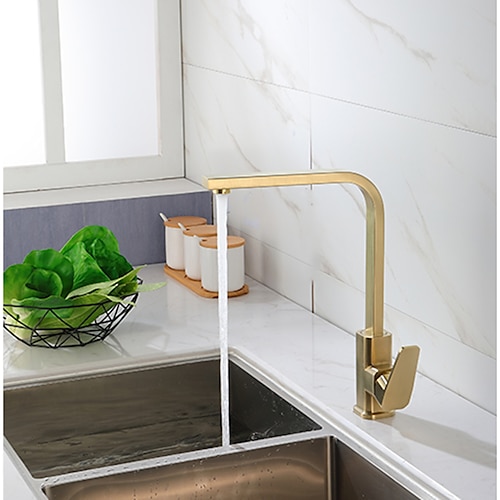

Brass Kitchen Faucet,Mount Outside Single Handle One Hole Golden Nickel Brushed 360° Rotateable Tall Contemporary Kitchen Taps with Hot and Cold Water