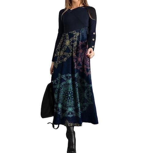 

Women's Casual Dress Swing Dress Long Dress Maxi Dress Black Dusty Blue Long Sleeve Patchwork Fall Spring Crew Neck Winter Dress Fall Dress Slim S M L XL XXL 3XL