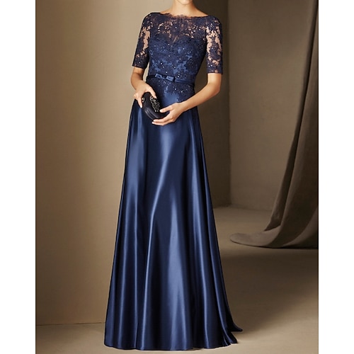 

A-Line Elegant Floral Wedding Guest Formal Evening Dress Illusion Neck Half Sleeve Floor Length Lace with Lace Insert Appliques 2022
