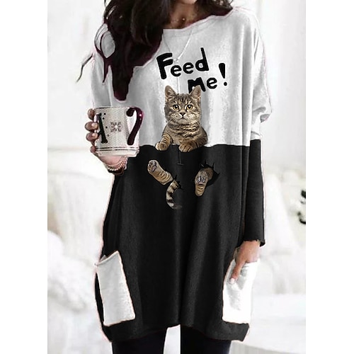 女性用 3D猫 Tシャツドレス チュニック 猫 チェック グラフィック ポケット パッチワーク プリント ラウンドネック ベーシック トップの ブラック ルビーレッド ホワイト