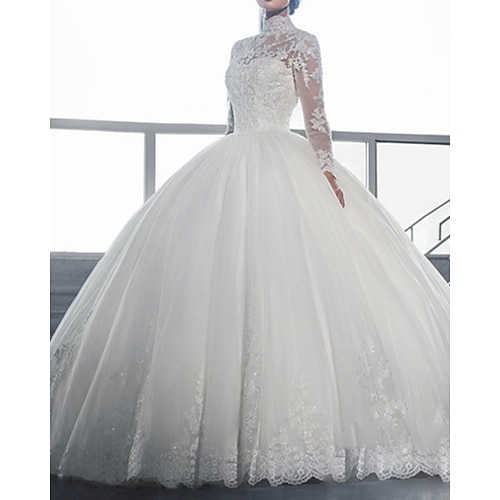 

A-Line Wedding Dresses High Neck Sweep / Brush Train Tulle Lace Over Satin Long Sleeve Vintage See-Through Illusion Sleeve with Beading Appliques 2022