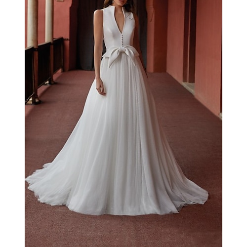 

Mermaid / Trumpet Wedding Dresses V Neck Court Train Detachable Tulle Stretch Satin Sleeveless Country Simple with Bow(s) 2022