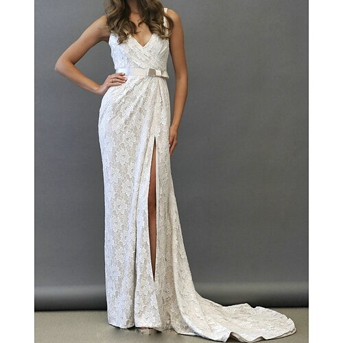 

Sheath / Column Wedding Dresses V Neck Court Train Lace Tulle Sleeveless Romantic with Split Front 2022