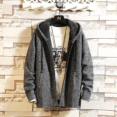 

Men's Sweater Cardigan Zip Sweater Sweater Jacket Fleece Sweater Knit Knitted Solid Color Hooded Chunky Outdoor Clothing Apparel Winter Fall Blue Wine M L XL
