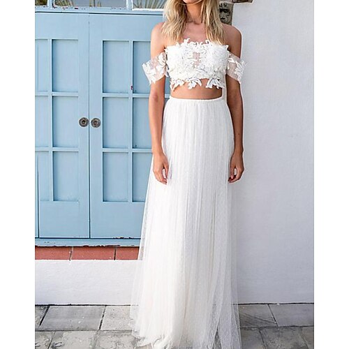 

Two Piece A-Line Wedding Dresses Off Shoulder Floor Length Lace Tulle Sleeveless Beach with Appliques 2022