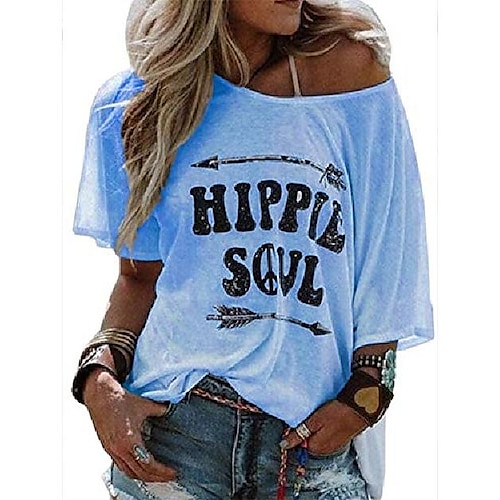 

womens hippie soul graphic tees summer off the shoulder boho tunic t shirts half sleeve loose tops and shirts (blue, xx-large)
