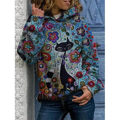

Women's Hoodie Pullover Casual Green Blue Orange Graphic Floral Cat Loose Fit Daily Hooded Long Sleeve Cotton S M L XL XXL