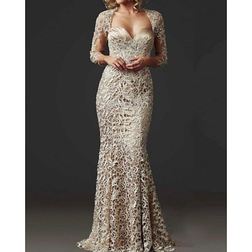 

Mermaid / Trumpet Mother of the Bride Dress Elegant Sweetheart Neckline Floor Length Lace 3/4 Length Sleeve with Lace 2022