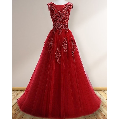 

A-Line Elegant Floral Engagement Prom Valentine's Day Dress Jewel Neck Sleeveless Sweep / Brush Train Tulle with Appliques 2022