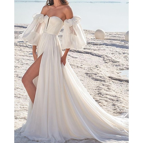 

A-Line Wedding Dresses Off Shoulder Chapel Train Chiffon Short Sleeve Beach with Split Front 2022