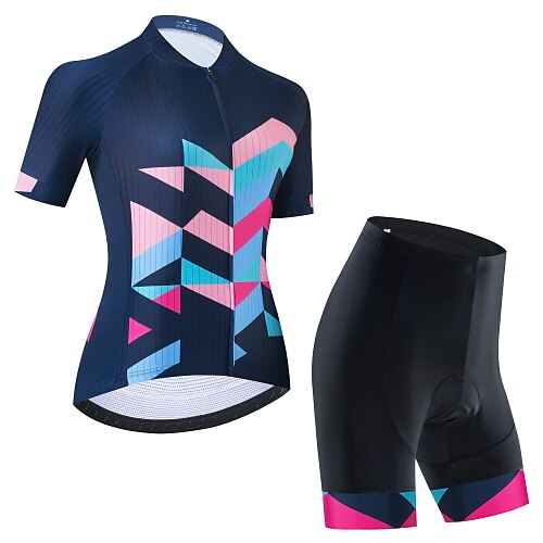 

21Grams Women's Cycling Jersey with Bib Shorts Cycling Jersey with Shorts Short Sleeve Mountain Bike MTB Road Bike Cycling Black Dark Navy Black White Plaid Bike Clothing Suit 3D Pad Breathable Quick