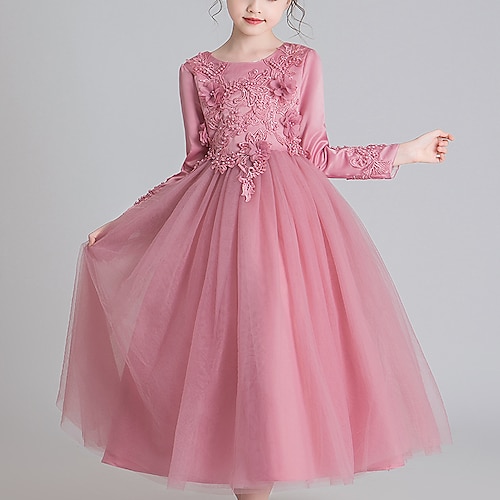 Kids Girls' Dress Floral Long Sleeve Mesh Active Cute Polyester Maxi Pink Princess Dress White