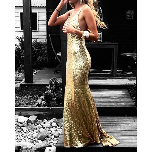 

Mermaid / Trumpet Evening Dresses Beautiful Back Dress Wedding Guest Sweep / Brush Train Sleeveless V Neck Sequined with Pleats Sequin 2022 / Formal Evening